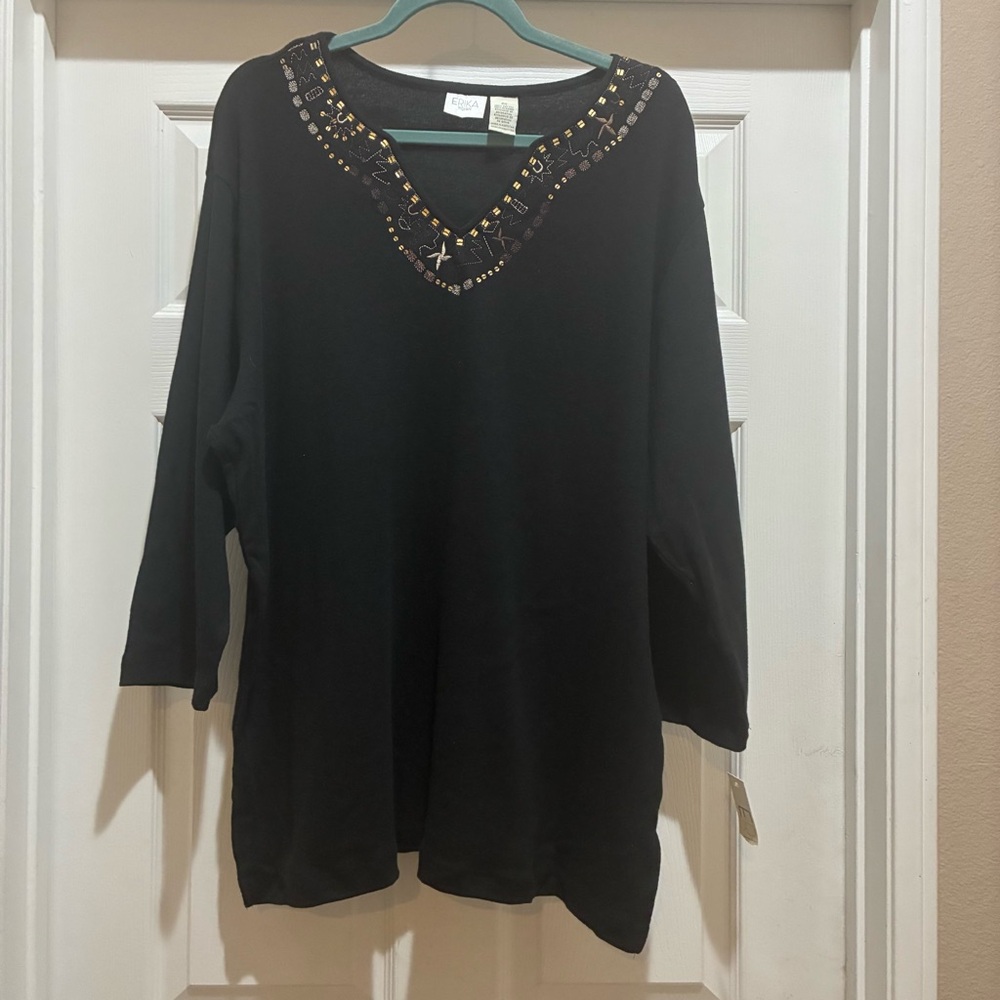 Erika Women's Black V-Neck Tunic Top Blouse Size 2X NEW Embroidery Sequins